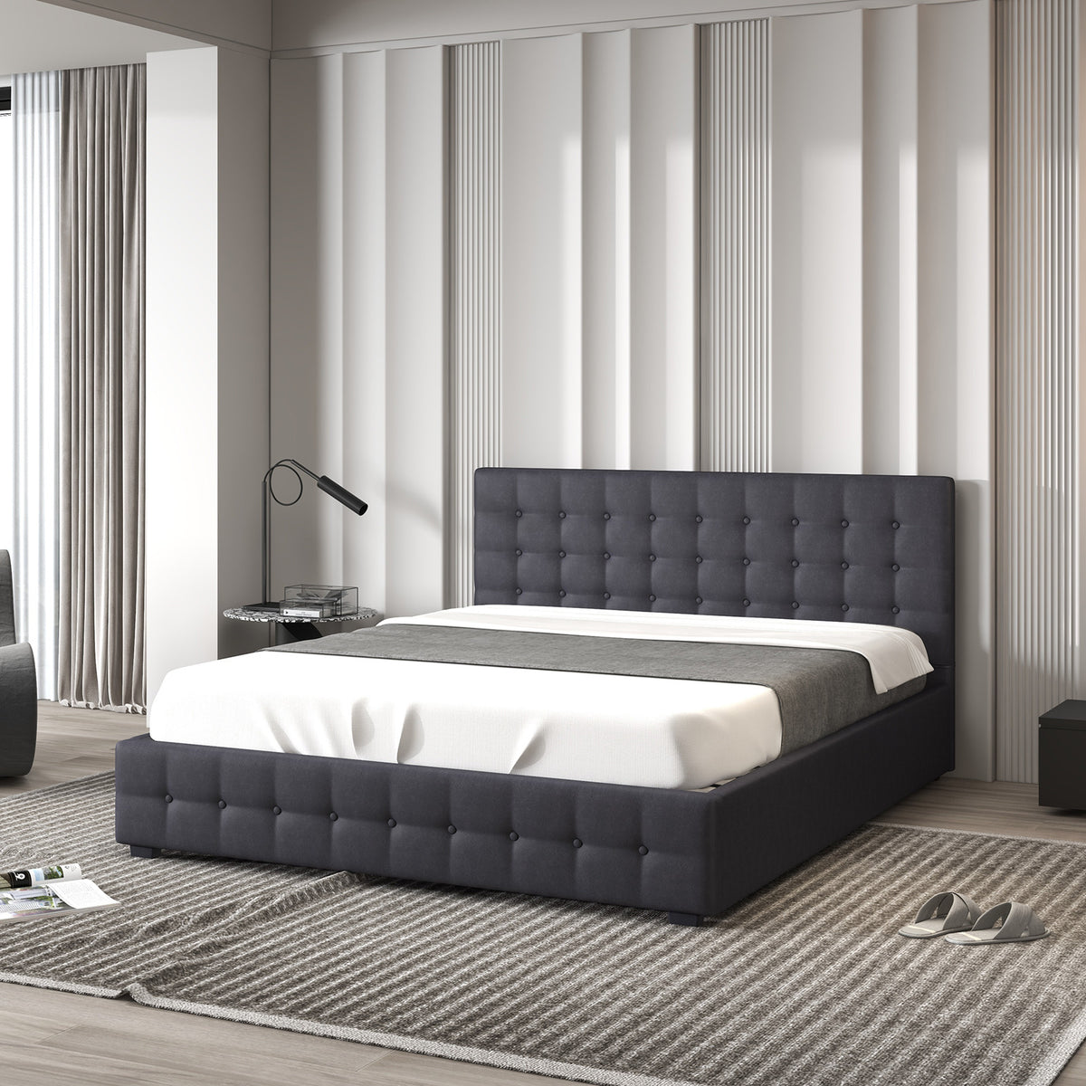 Decor Eden Gas Lift Storage Bed with Headboard Upholstered Dark Grey Double