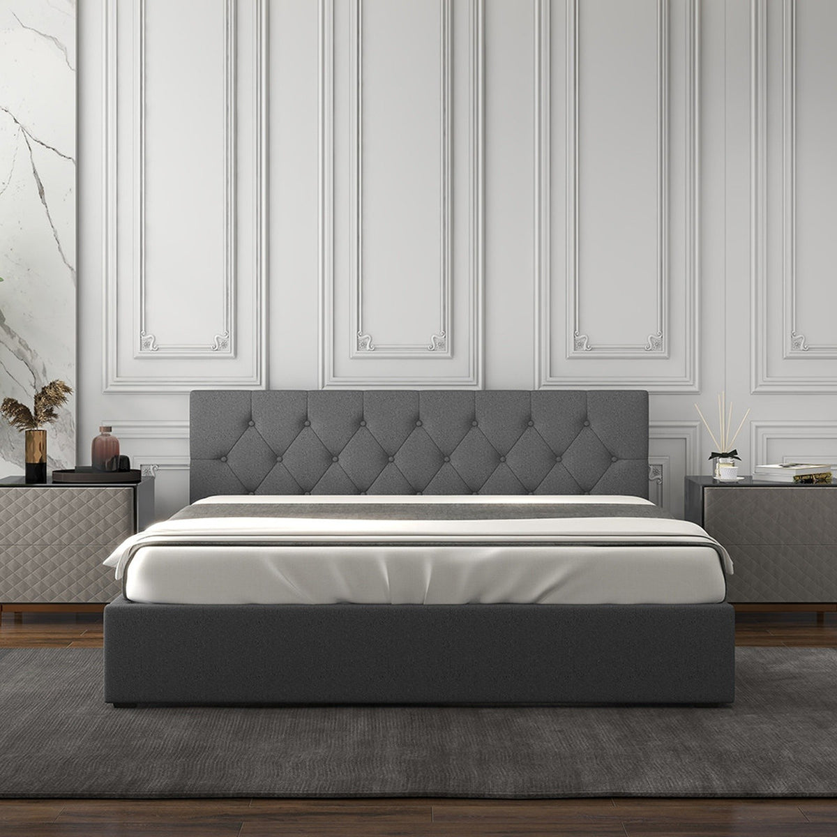 Luxury Gas Lift Storage Bed with Upholstered Headboard King Single-Grey