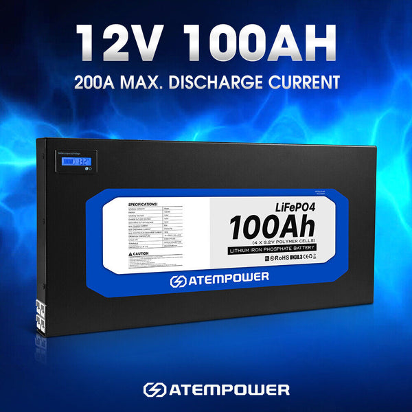  Atem Power 12V 100Ah Slimline Lithium Battery LiFePO4 Deep Cycle Solar Charger