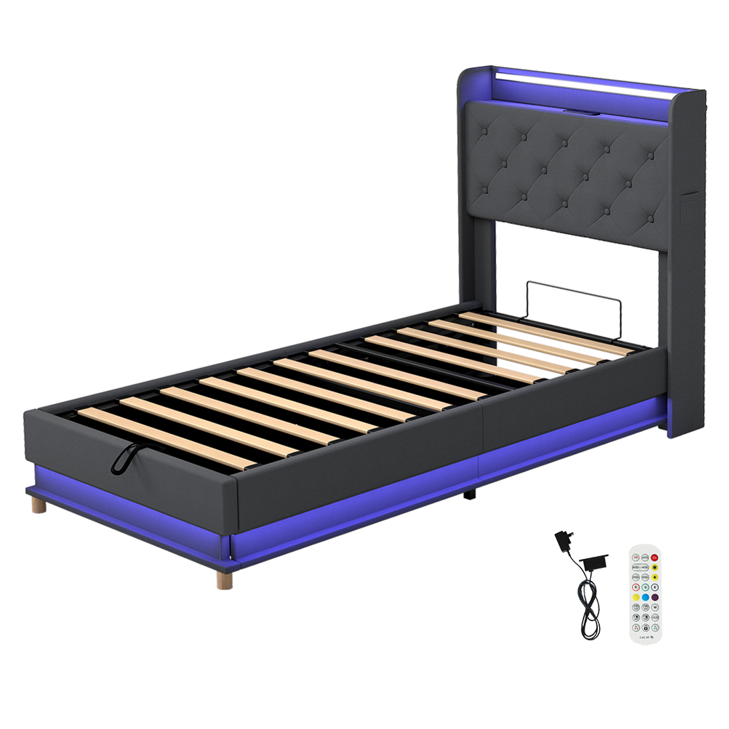 Contemporary Single Bed Frame Gas Lift Storage LED Light USB Soft