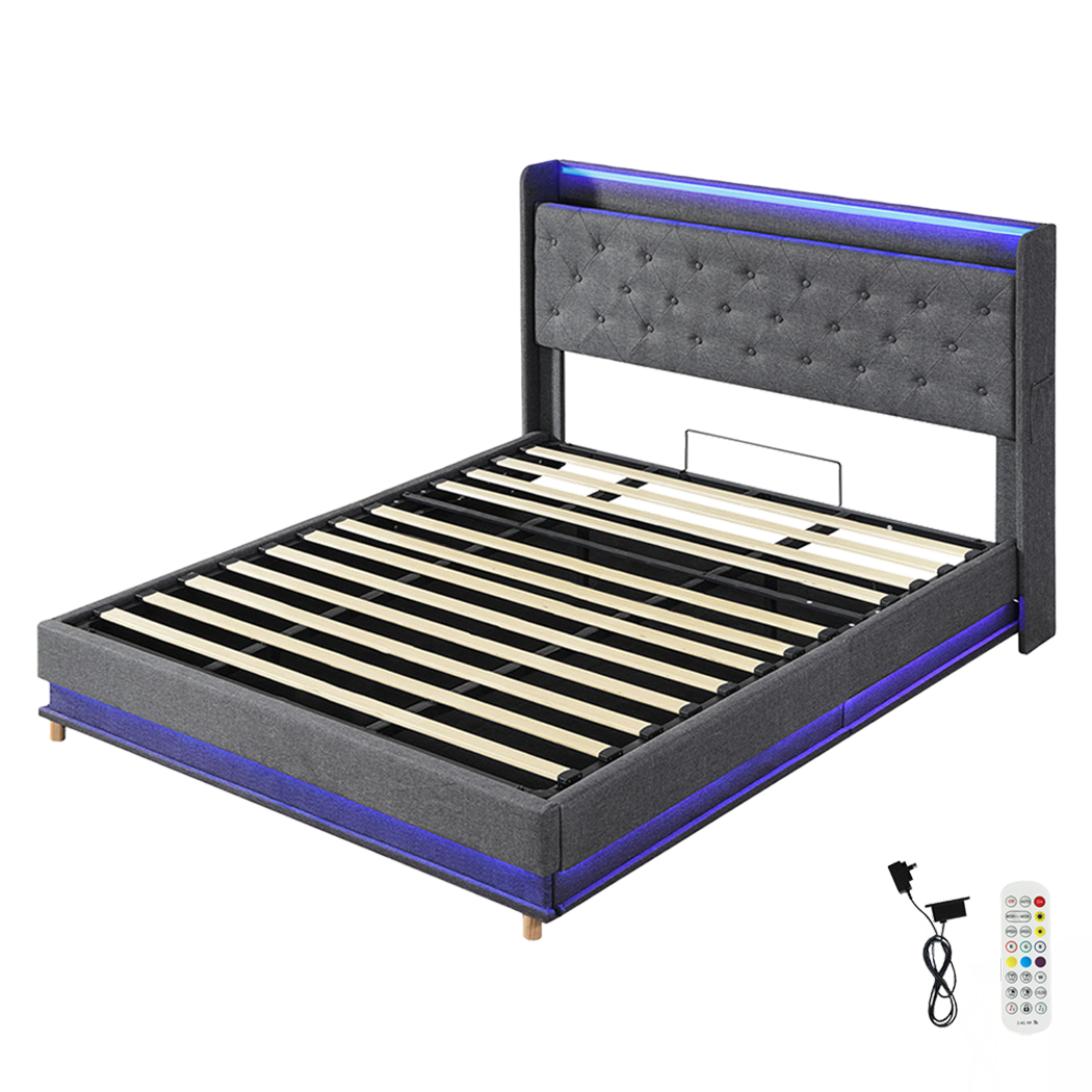 Functional King Bed Frame Gas Lift Storage LED Light USB Sleek