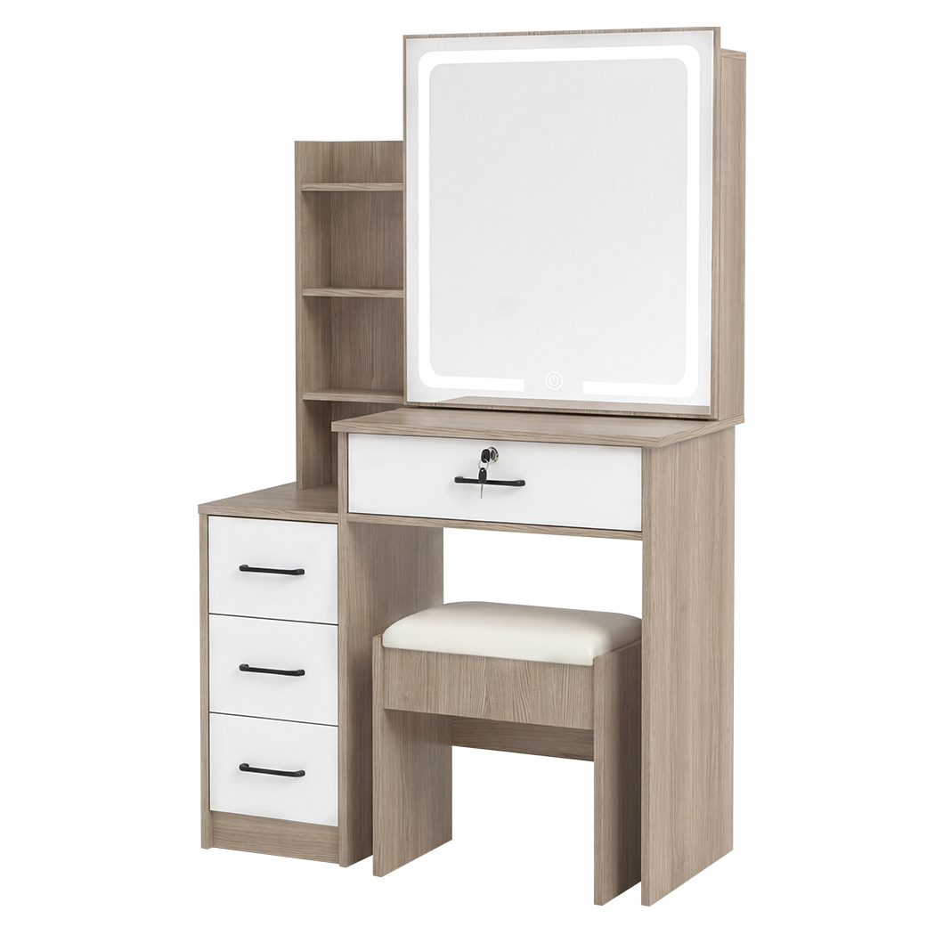 Levede Dressing Table Vanity Stool Set Sliding LED Mirror Makeup Storage Shelves Natural