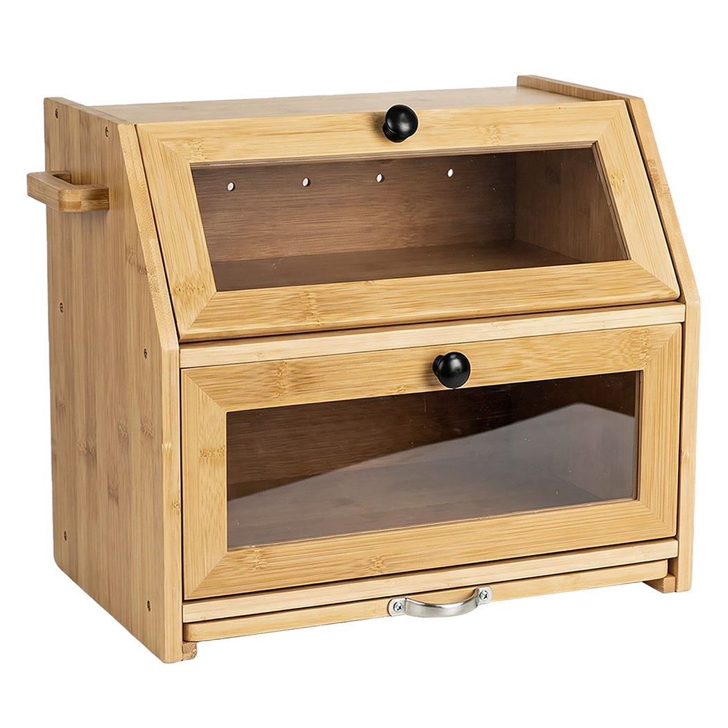 Toque Bread Box Bread Bin Double Layer Bamboo Bread Storage with Window Natural