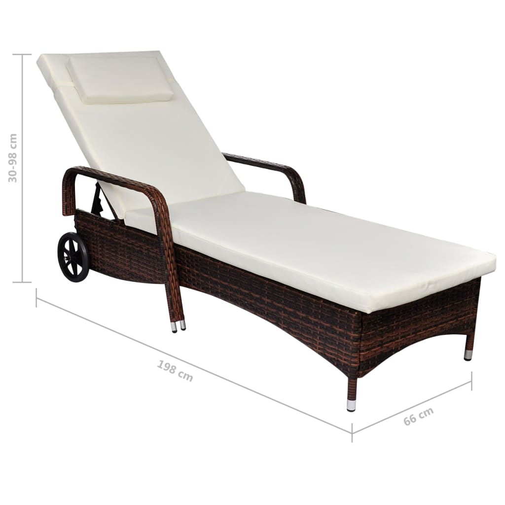 Sun Lounger with Cushion & Wheels Poly Rattan Brown - 79×57cm
