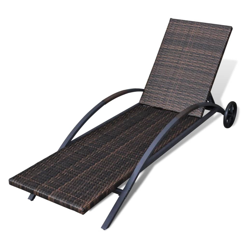 Sun Lounger with Cushion & Wheels Poly Rattan Brown - 200×65×39cm