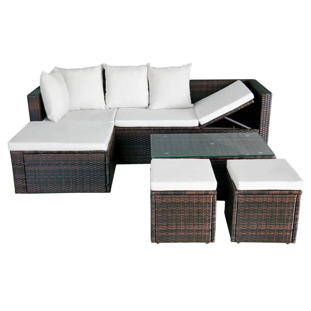 4 Piece Garden Lounge Set with Cushions Poly Rattan Brown - 187×119×58cm