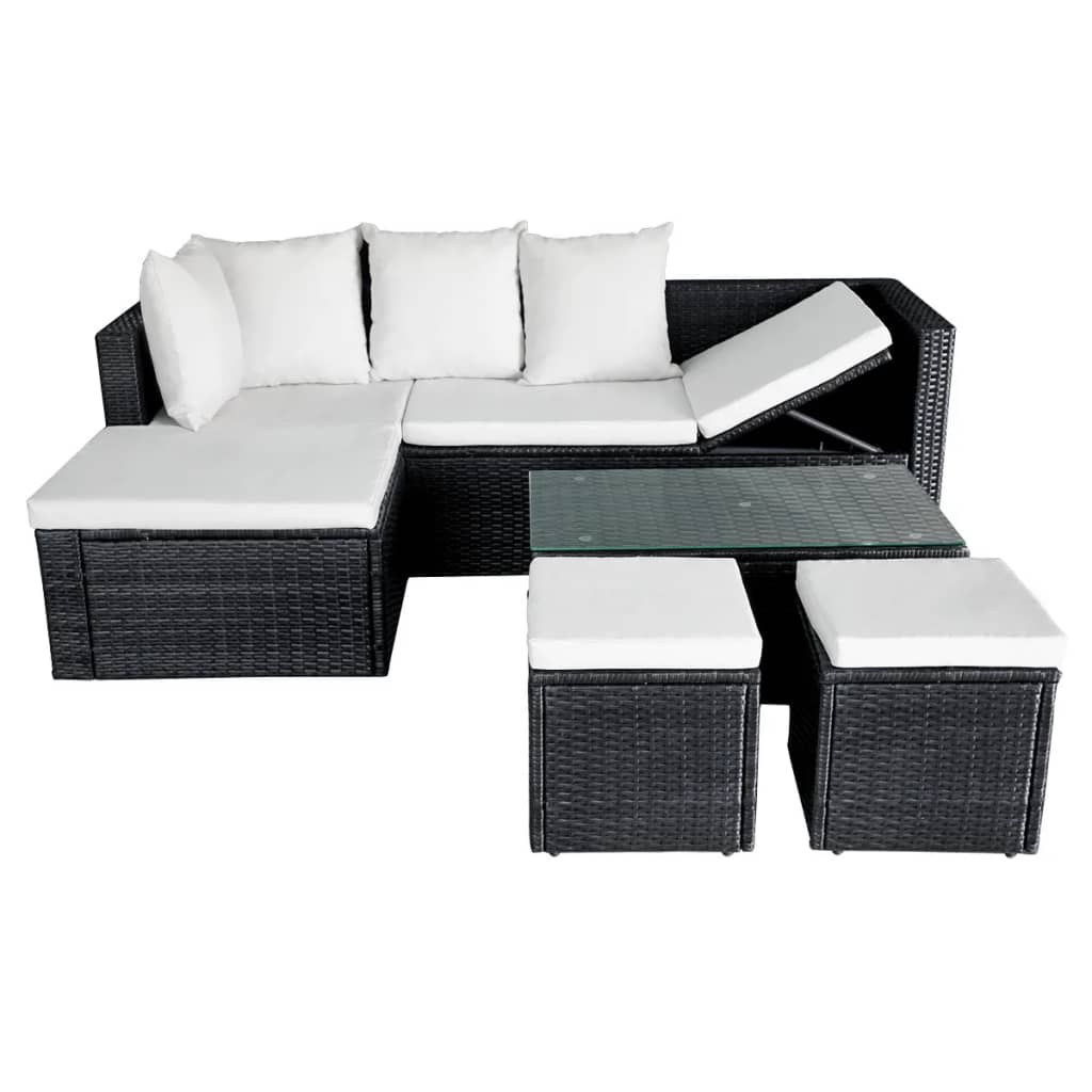 4 Piece Garden Lounge Set with Cushions Poly Rattan Black - 187×119×58cm