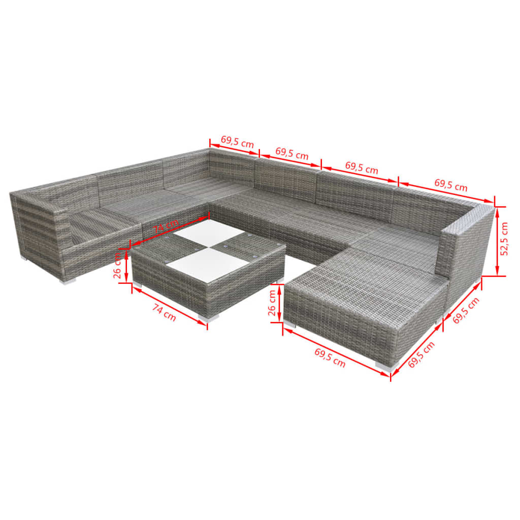 8 Piece Garden Lounge Set with Cushions Poly Rattan Grey - 69.5×69.5×52.5cm