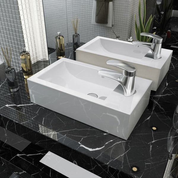 Basin with Faucet Hole Rectangular Ceramic White