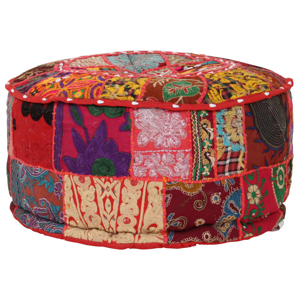 Patchwork Pouffe Round Cotton Handmade Red