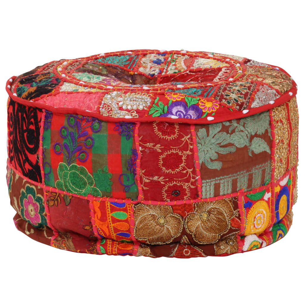 Patchwork Pouffe Round Cotton Handmade Red