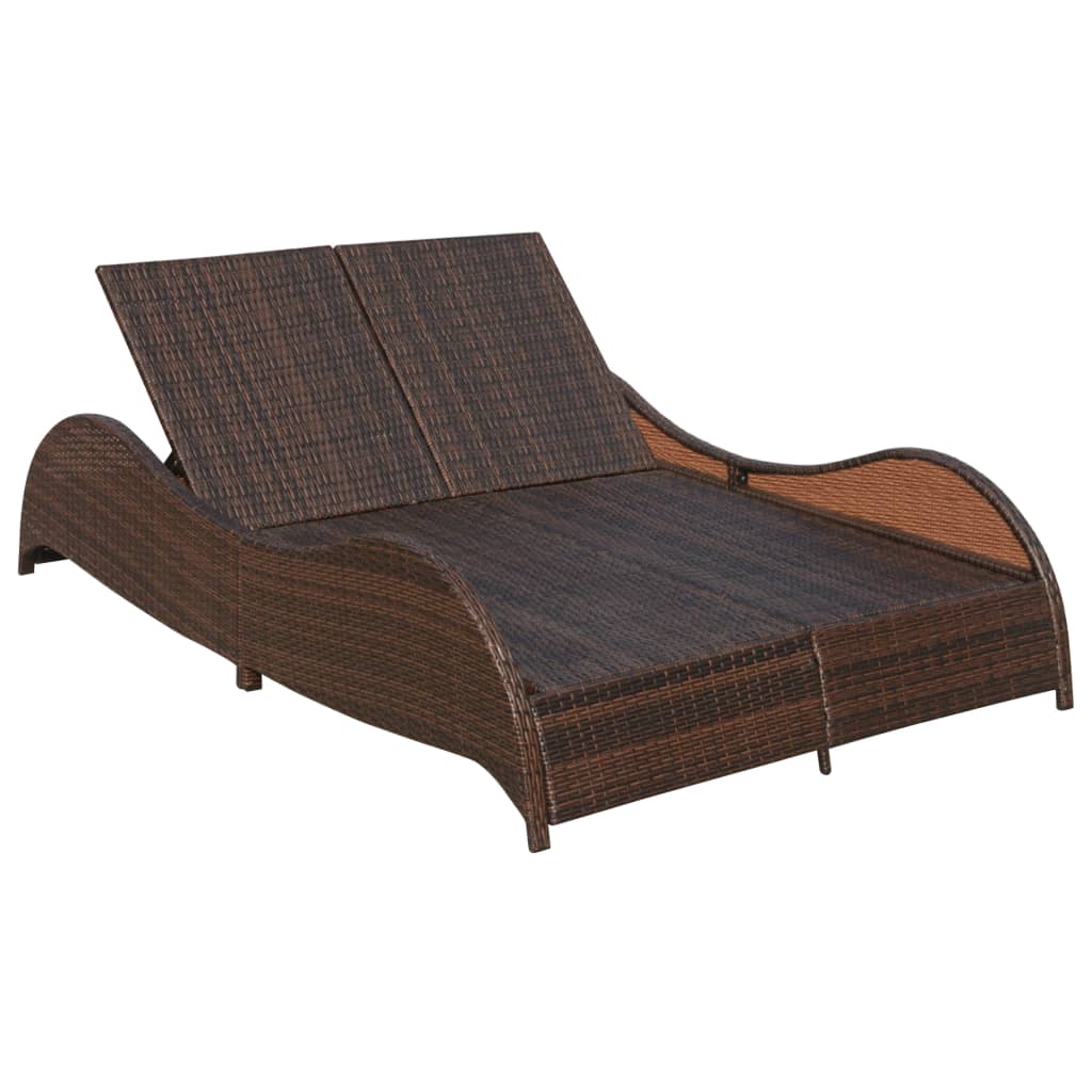 Double Sun Lounger with Cushion Poly Rattan Brown - 200×132×45cm