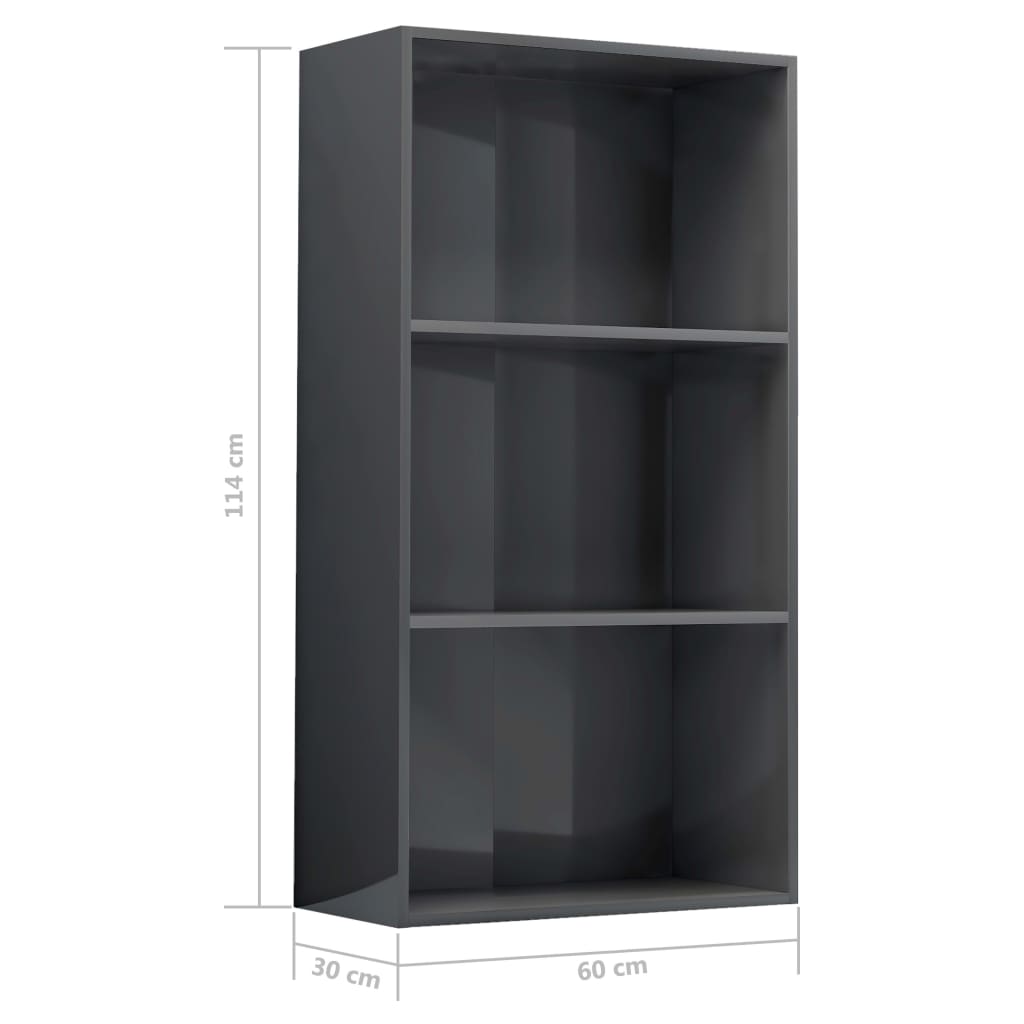 3-Tier Book Cabinet High Gloss Grey Chipboard