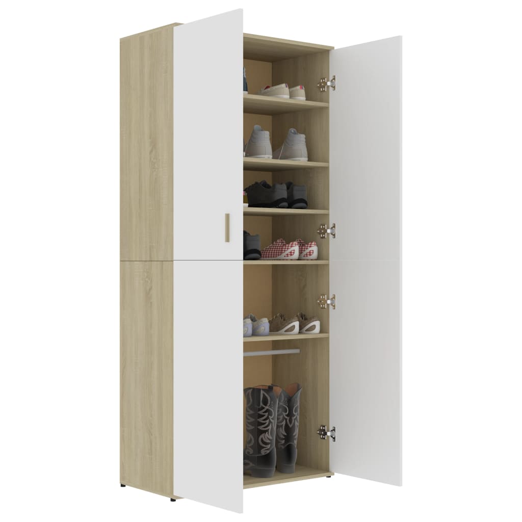 Shoe Cabinet White and Sonoma Oak 80x39x178 cm Chipboard