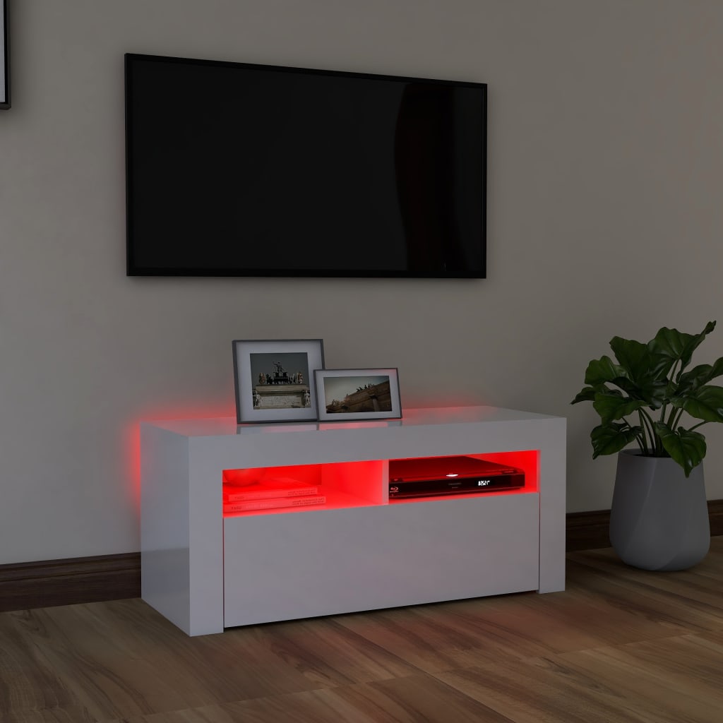TV Cabinet with LED Lights High Gloss White - 90×35×40cm