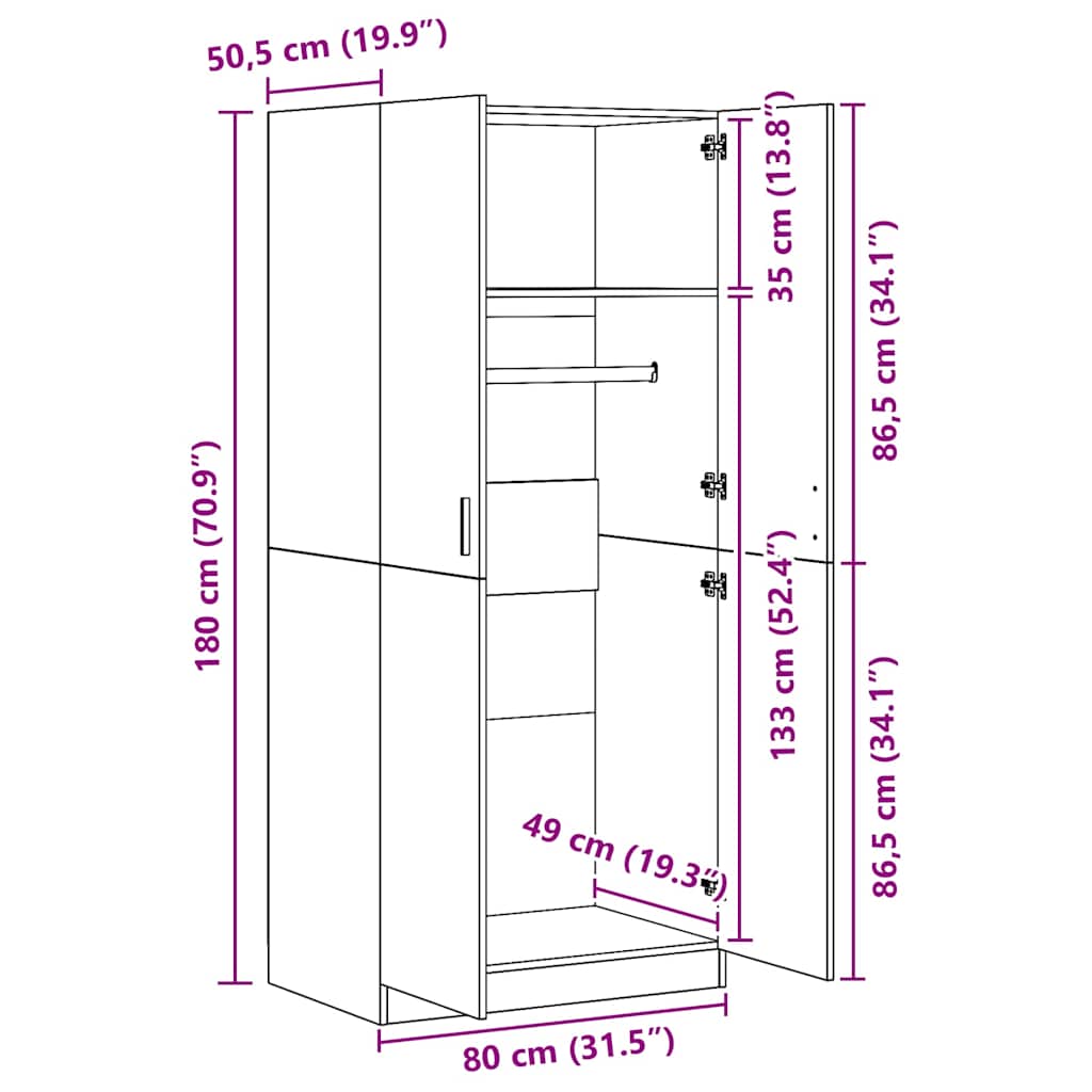 Engineered Wood Wardrobe Cabinet Freestanding Clothes Storage with Hanging Rail