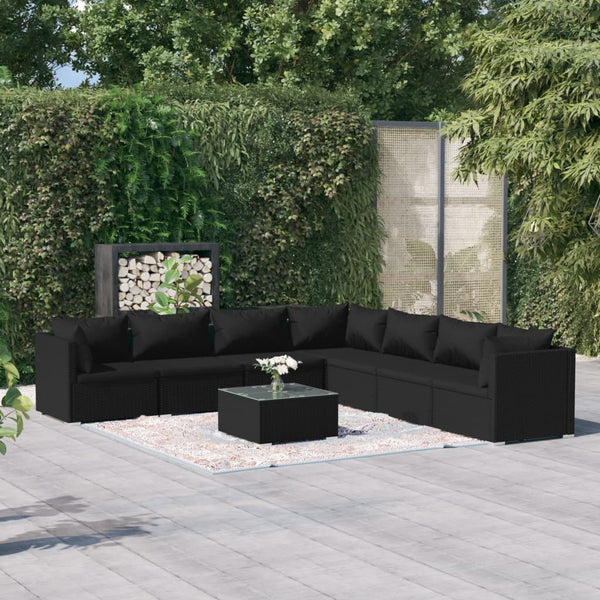  Noir Rattan Harmony: 8-Piece Garden Lounge Set in Black with Plush Cushions