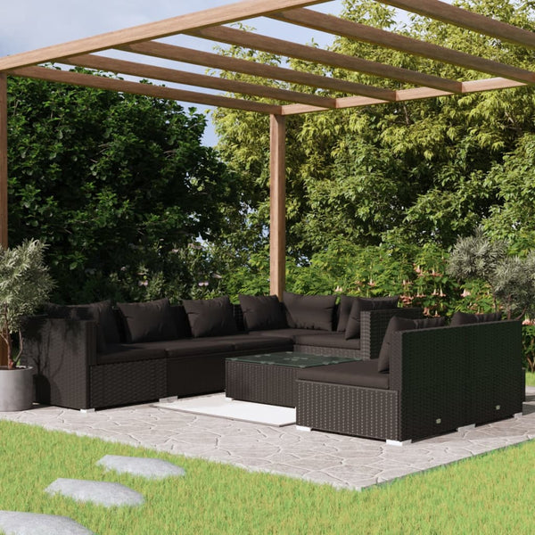  Rattan Noir Comfort Haven: 8-Piece Garden Lounge Set in Stylish Black with Plush Cushions