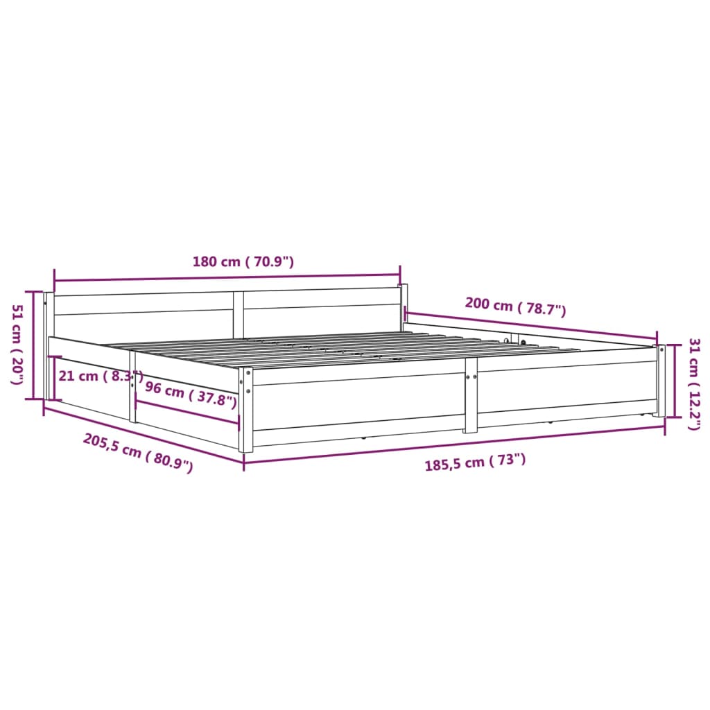 Black King Bed Frame with Drawers Solid Pinewood Sturdy Slats Headboard