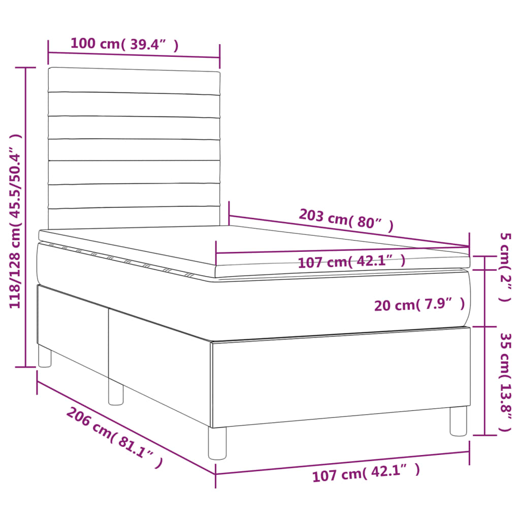 Dark Grey Fabric Box Spring Bed with LED Pocket Spring Mattress King Single