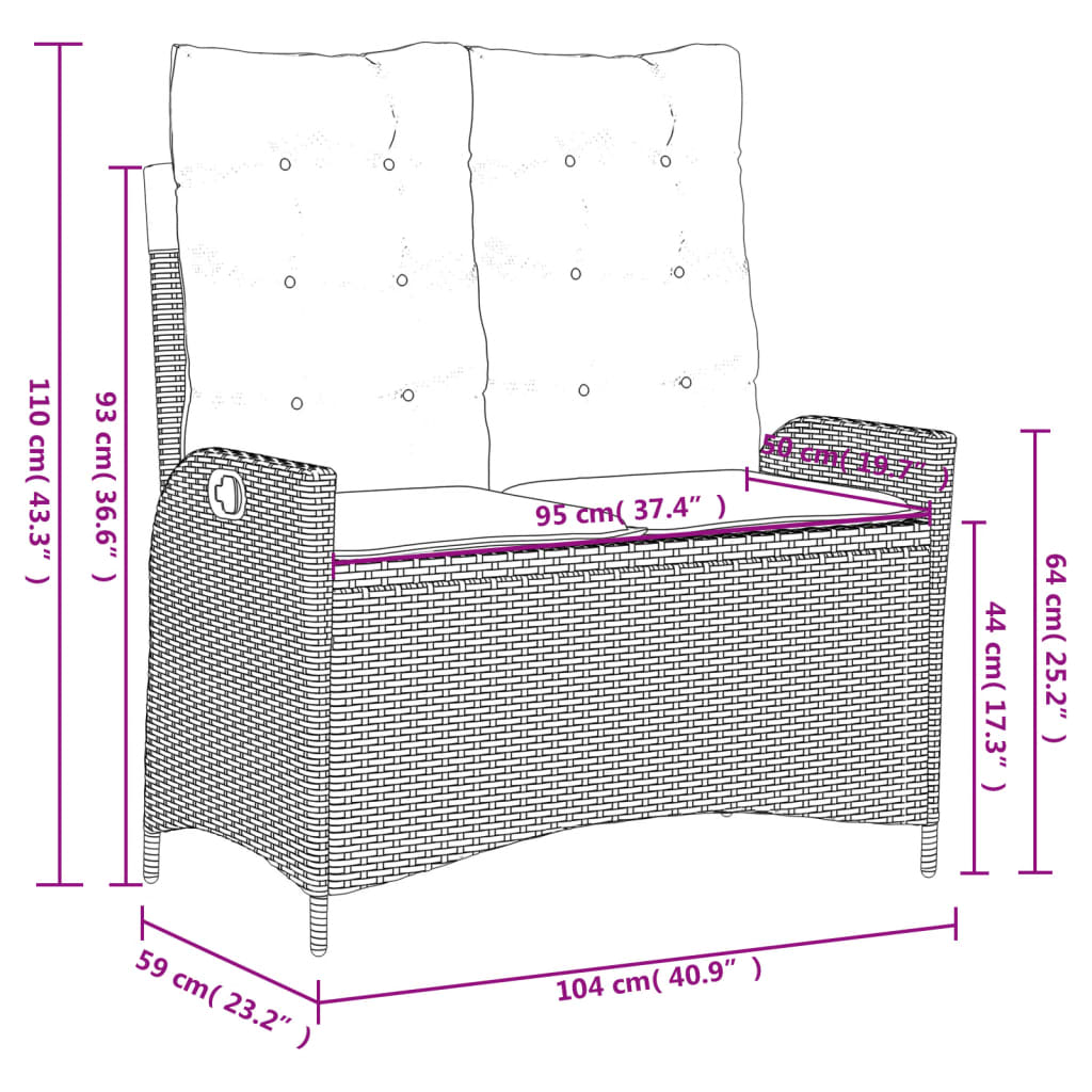 Space Saving Reclining Garden Bench with Cushions Relaxing Seating Summer