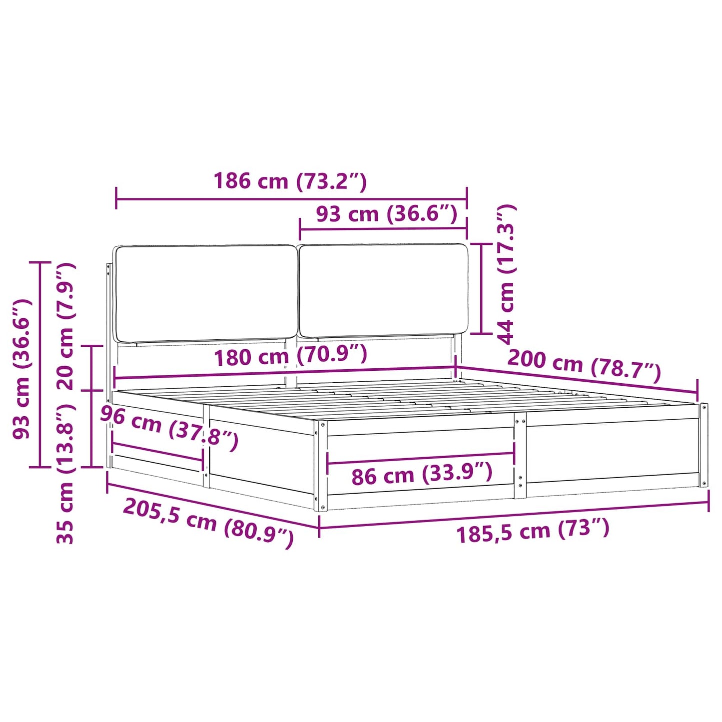 Dark Grey King Bed Frame Upholstered Headboard Solid Pine Wood Platform Bed