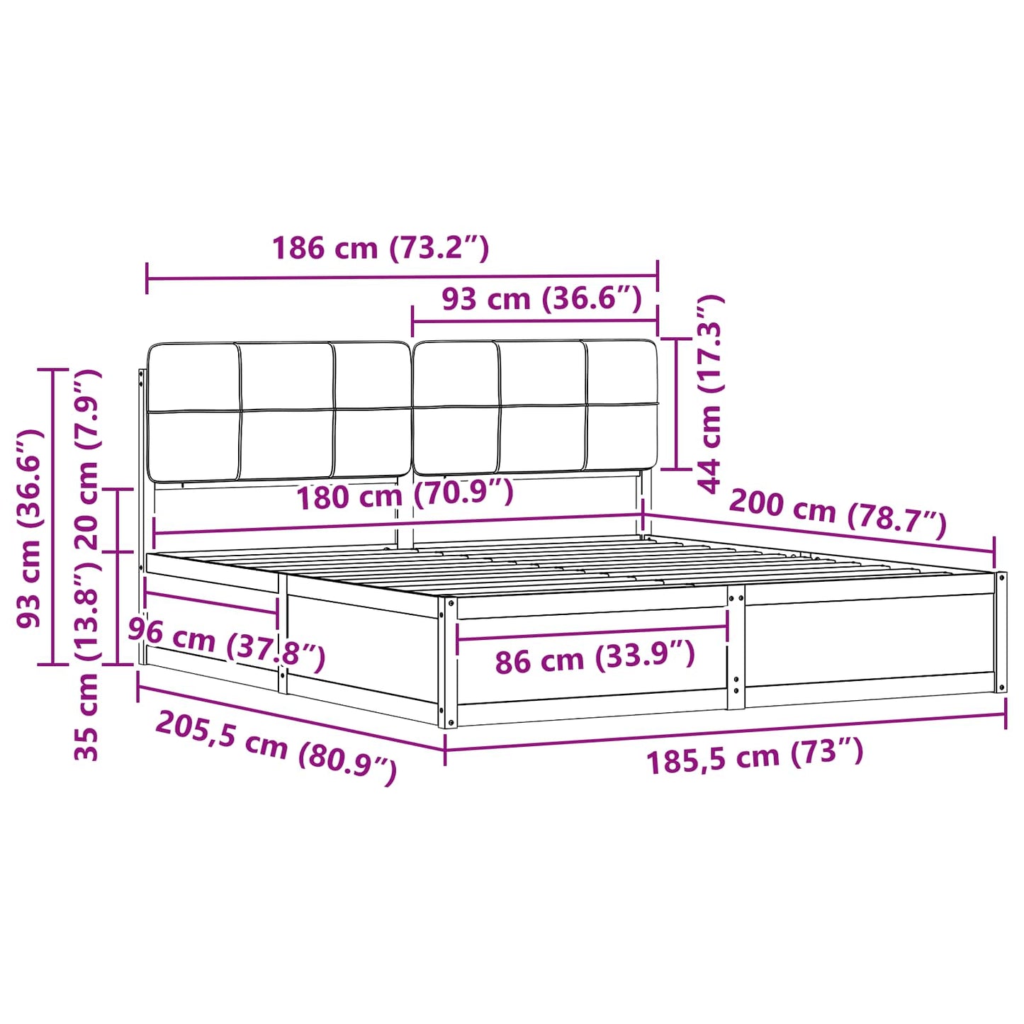 King Bed Frame Dark Grey Upholstered Headboard Solid Pine Wood Platform Bed