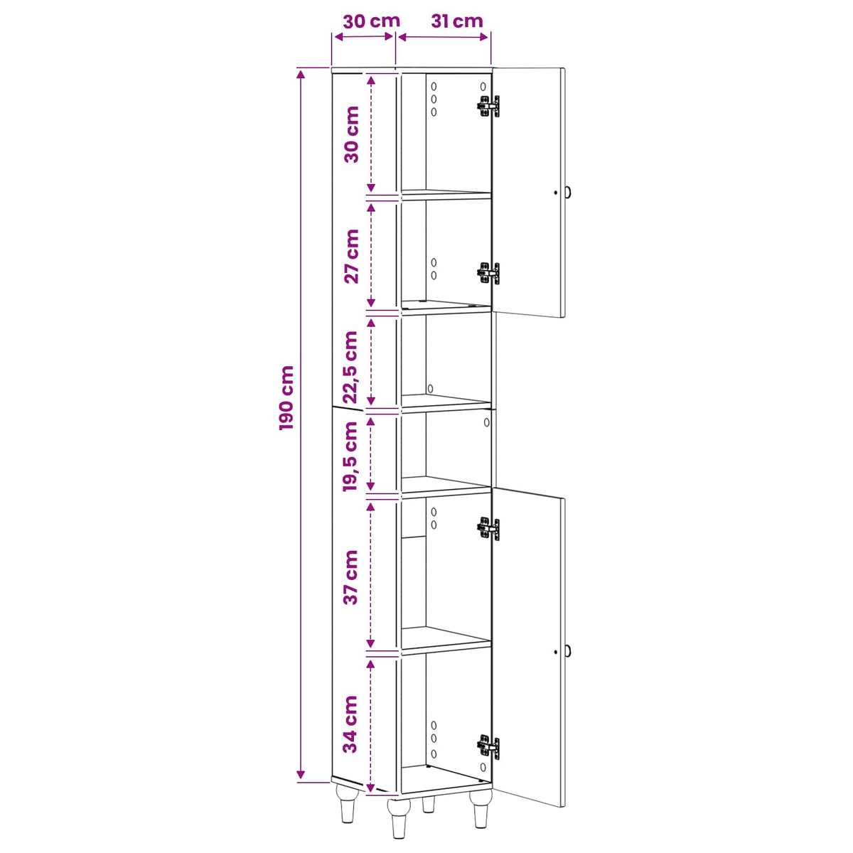 Bathroom Cabinet White Slim 30 cm x 31 cm x 190 cm