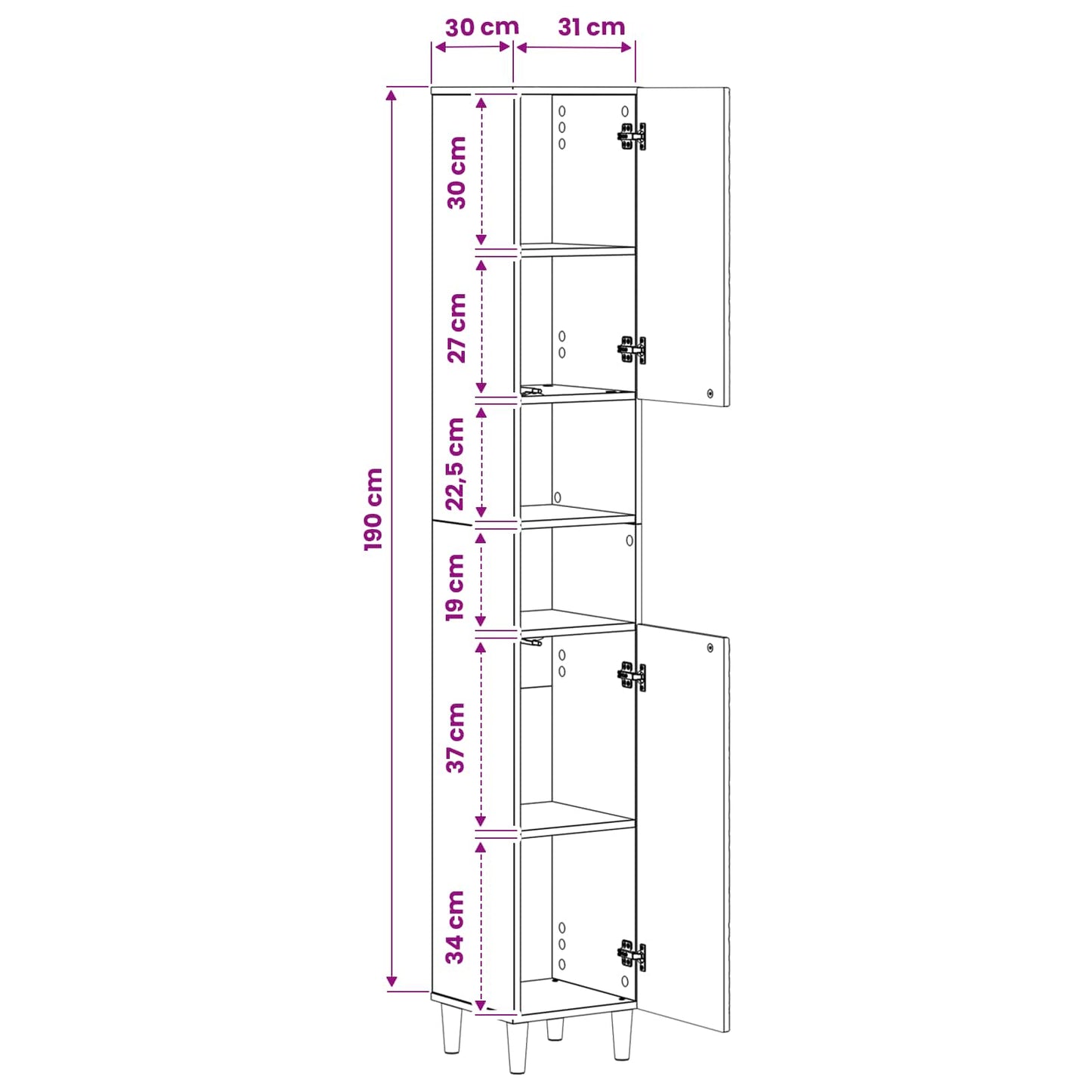 Bathroom Cabinet White Storage 30x31x190cm