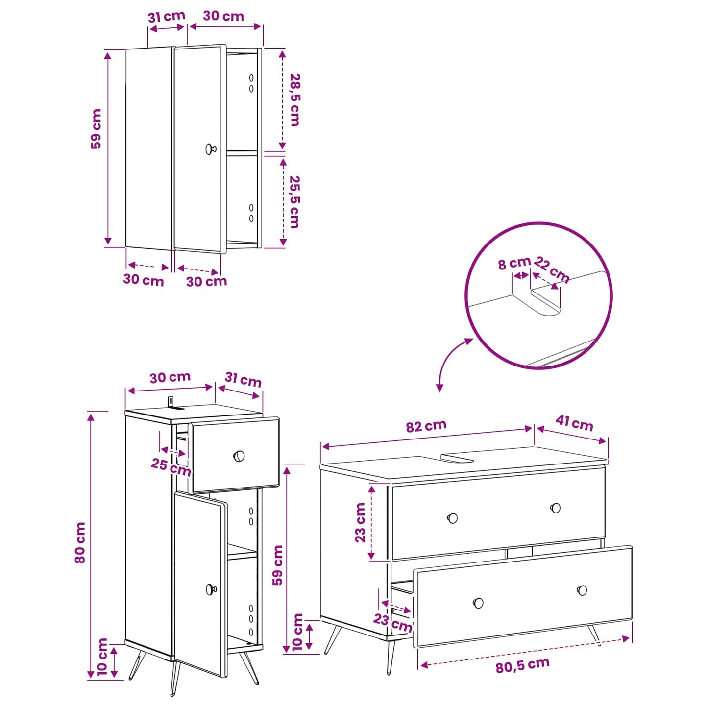 Bathroom Cabinet Set White Wood 30x31x80cm