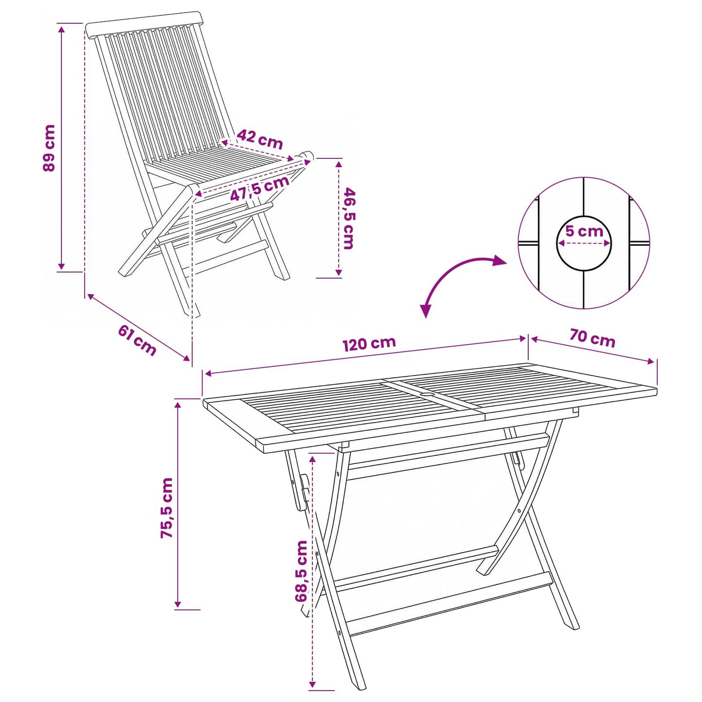 Teak Garden Furniture Set Natural 120x70x75.5cm