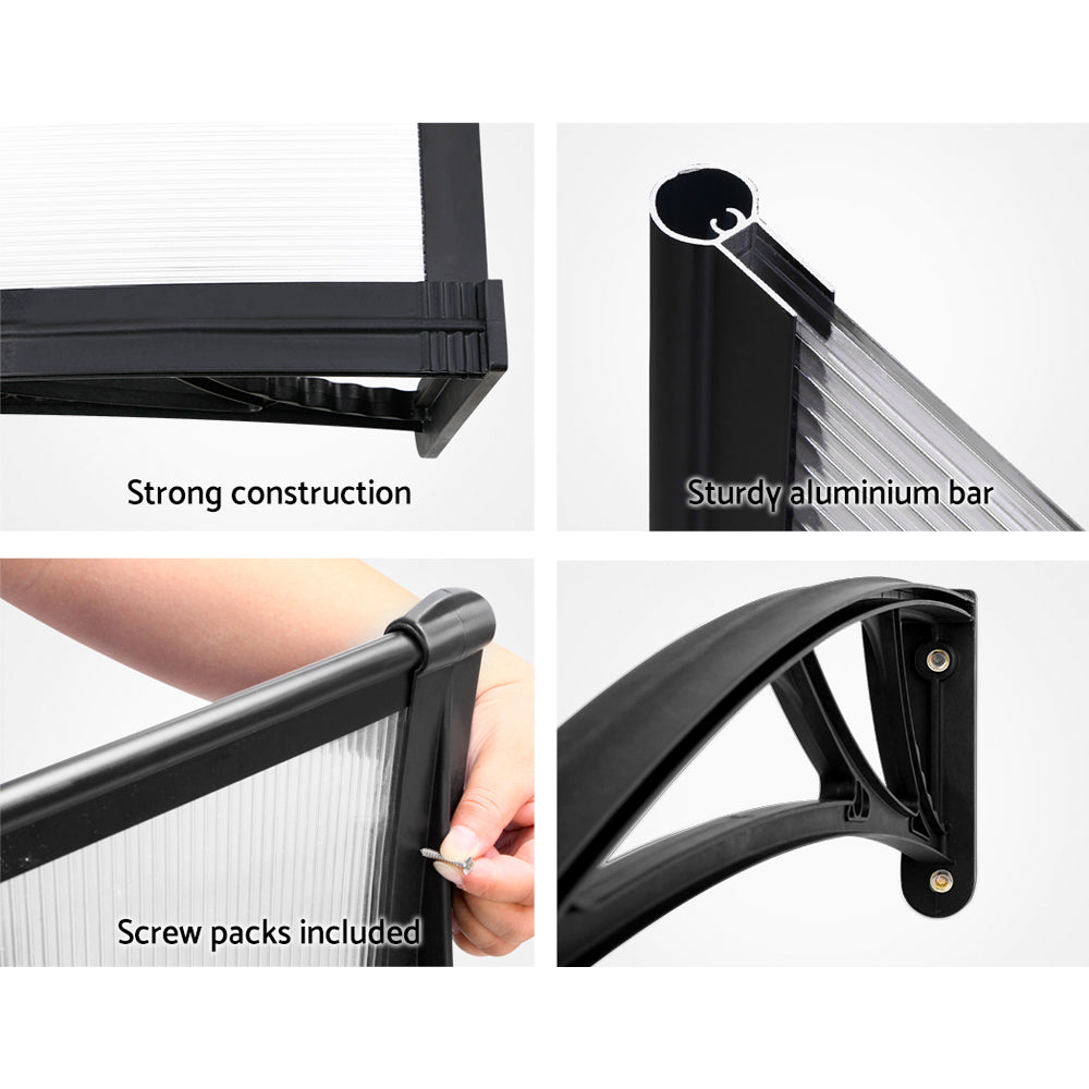 Window Door Awning Canopy 1Mx2M Transparent Sheet Black Plastic Frame