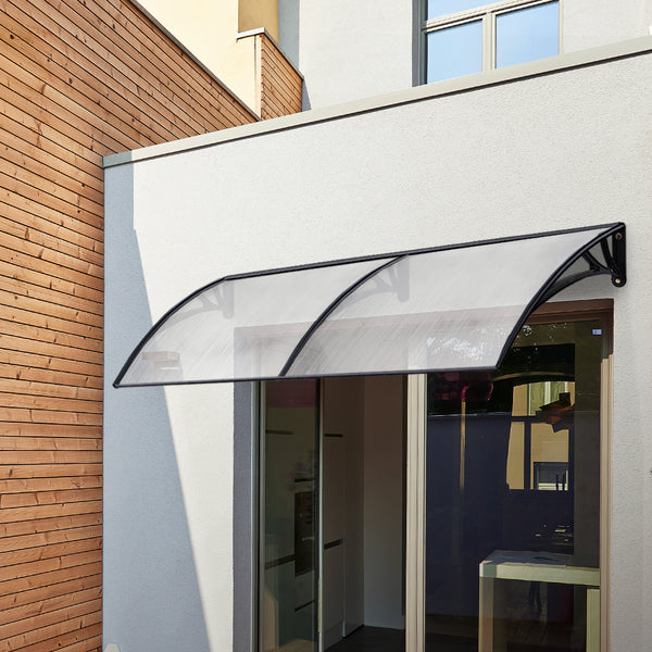 Window Door Awning Canopy 1Mx2M Transparent Sheet Black Plastic Frame