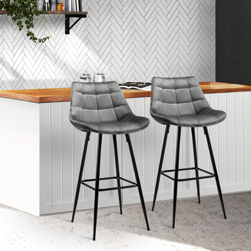 2X Bar Stools Velvet Chairs Grey