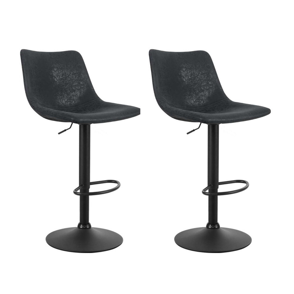 2X Bar Stools Vintage Leather Swivel Gas Lift Black