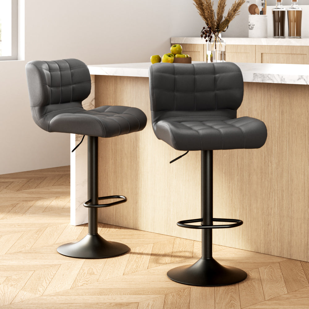 2X Bar Stools Gas Lift Leather Padded Grey