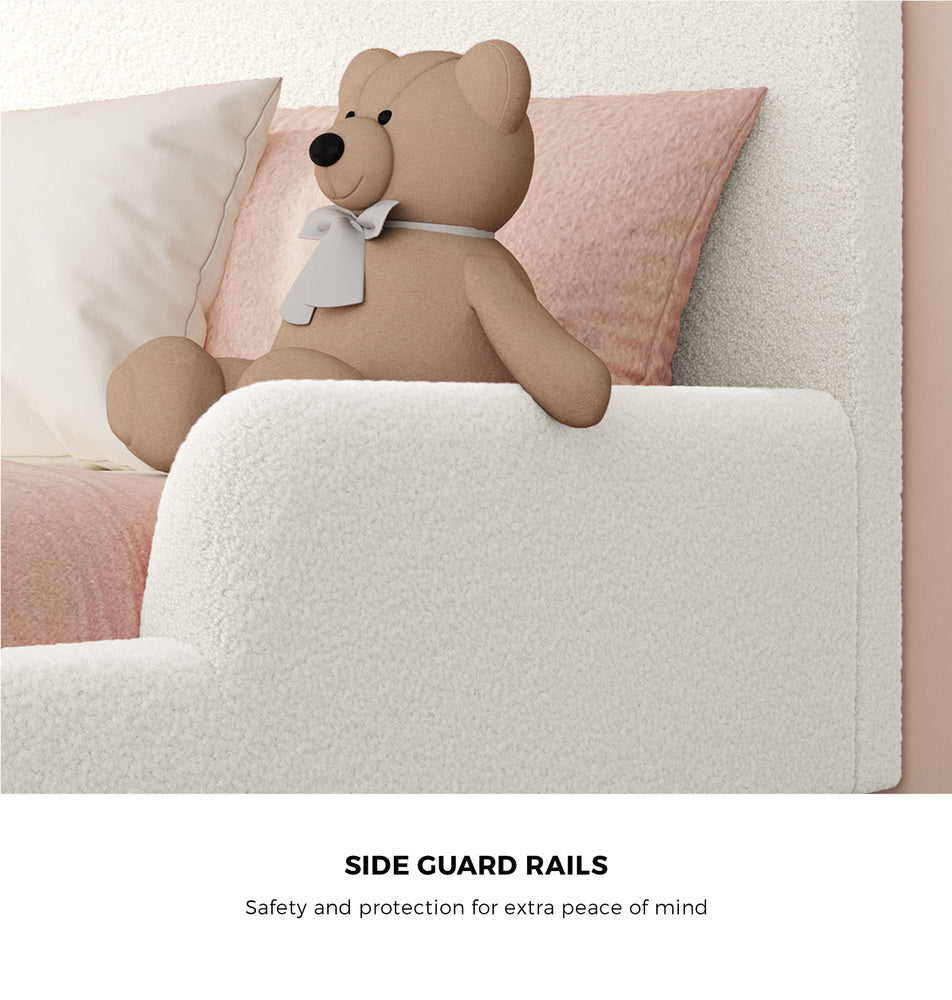 Kids Bed Frame Double Size With Side Rails Boucle Upholstered Pink/White Bedroom Furniture