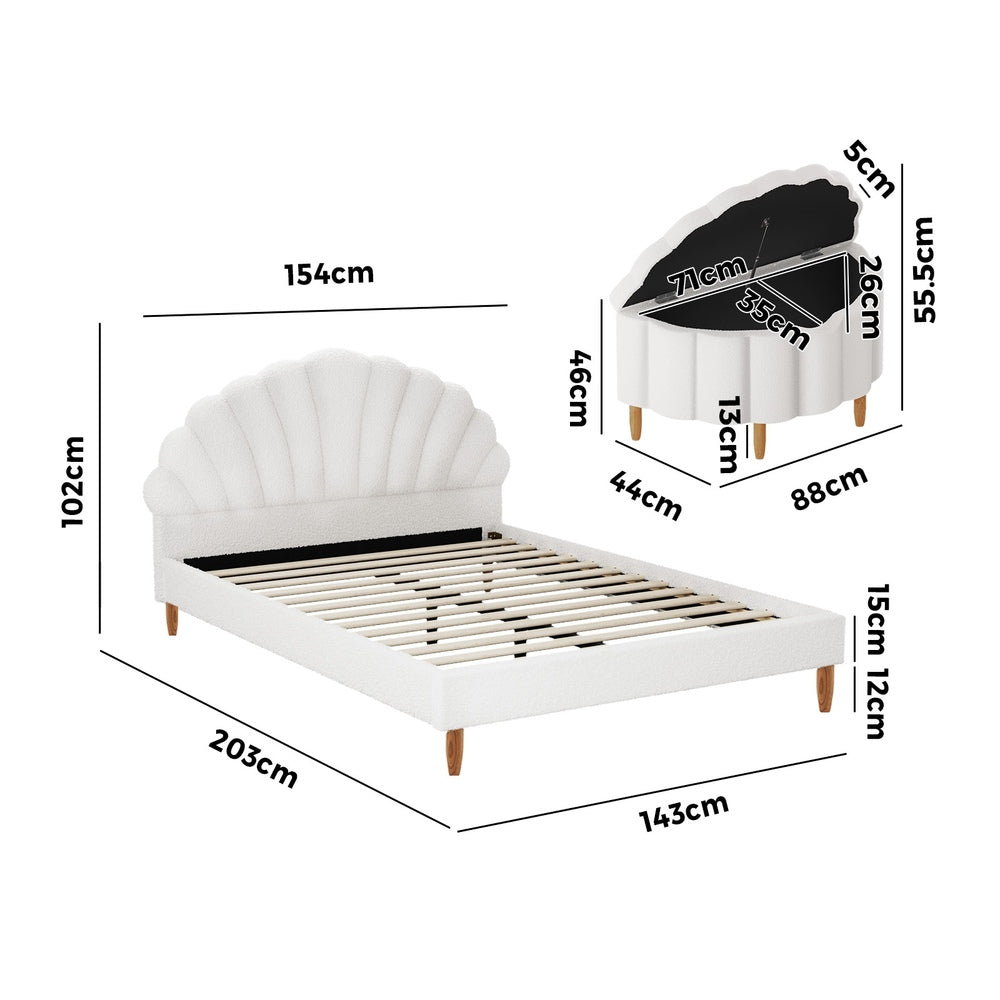 Boucle Bed Frame with Ottoman Set Scallop Shaped Sherpa Bedhead Double