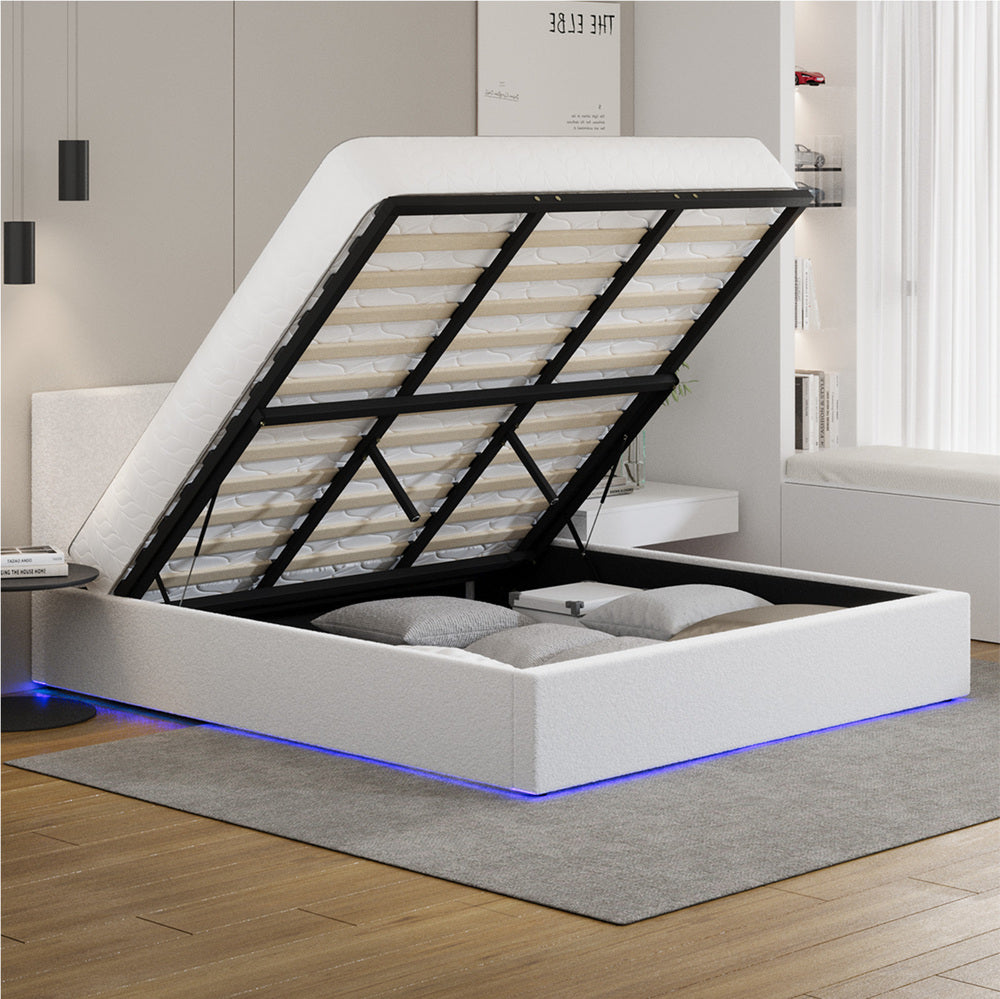 King Size Gas Lift Bed Boucle LED Storage | HomeAndLiving - 8