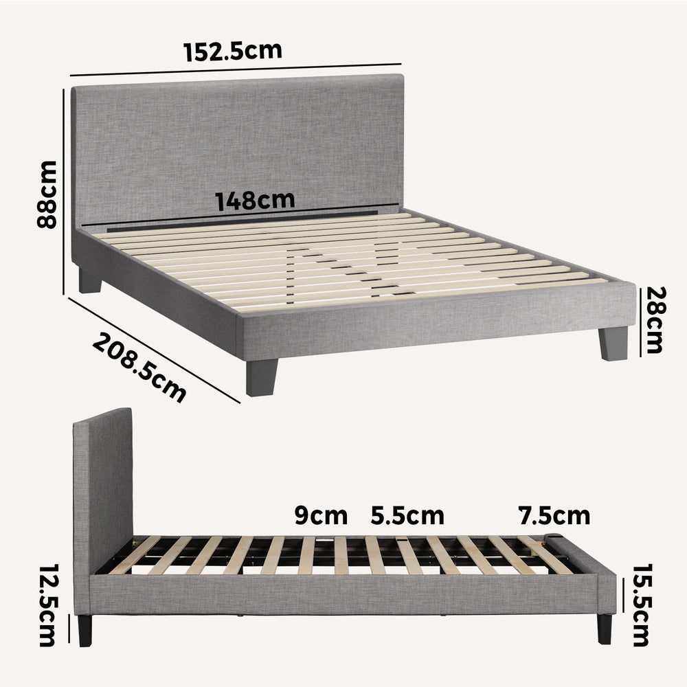 Bed Frame Queen Size Mattress Base Platform Wooden Slats Grey Fabric
