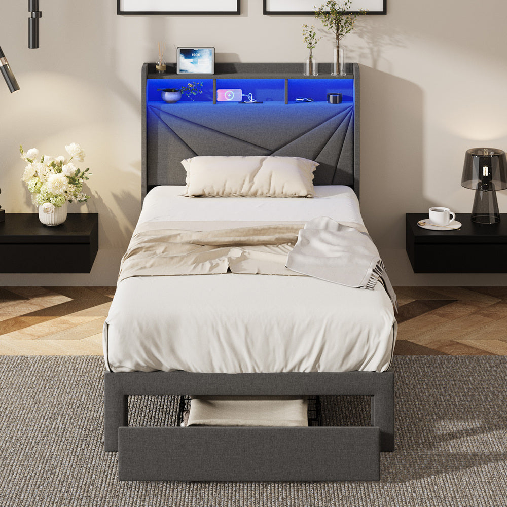 Bed Frame King Single Headboard With USB Charging & Drawers - 9