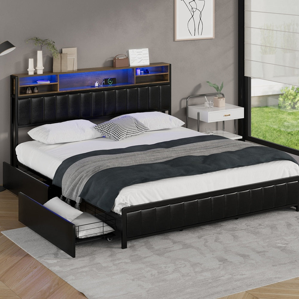 LED King Bed Frame with 4?Drawer Storage & USB?Charge Headboard