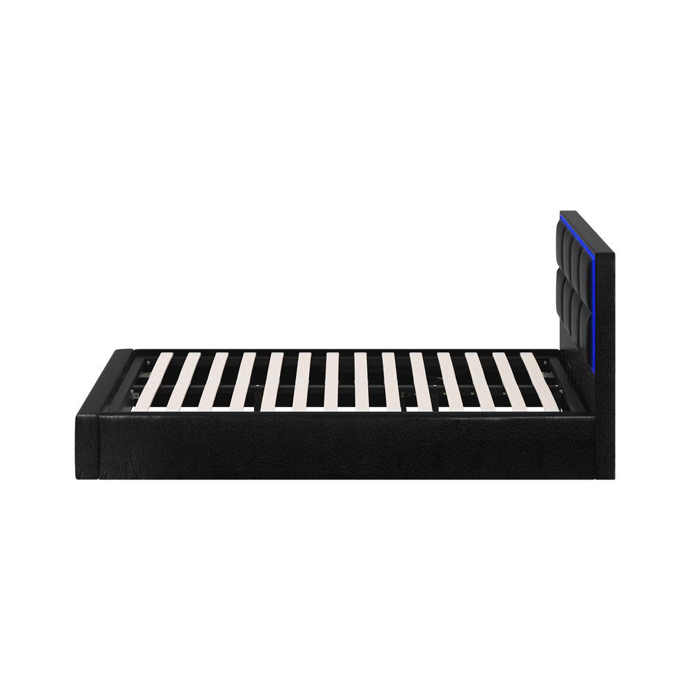 Bed Frame King Single RGB LED Gas Lift Storage Base Leather