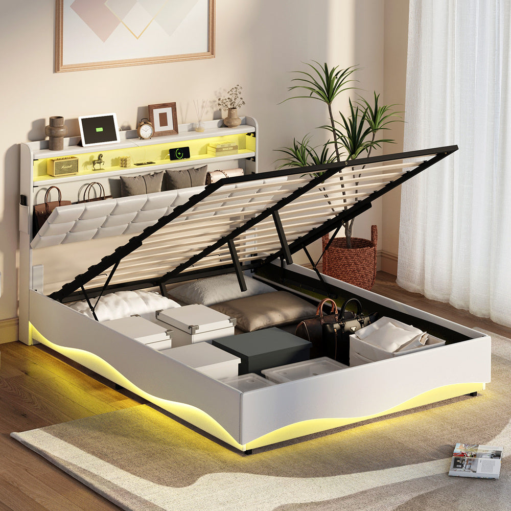 Double Bed Frame LED Gas Lift Storage Headboard USB Charging - 9