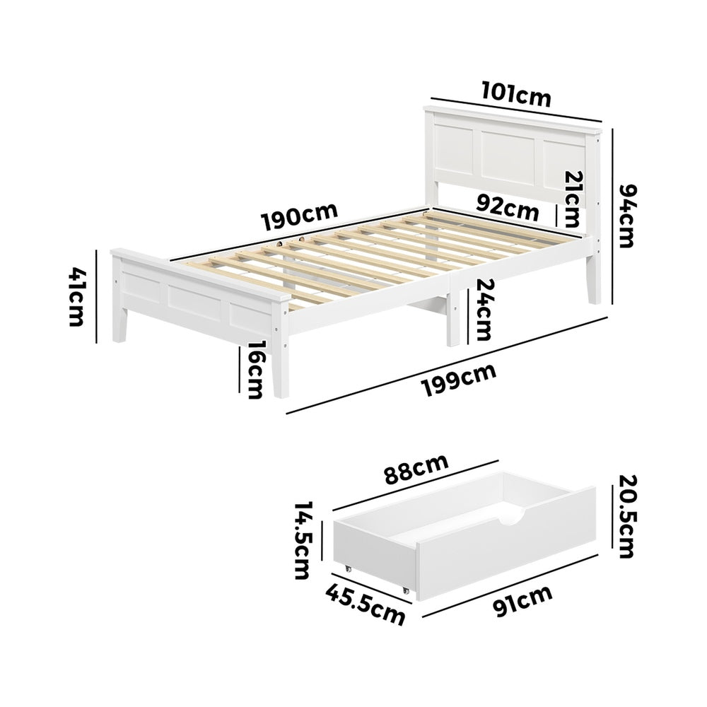 White Wooden Bed Frame With Storage 199x101x94cm