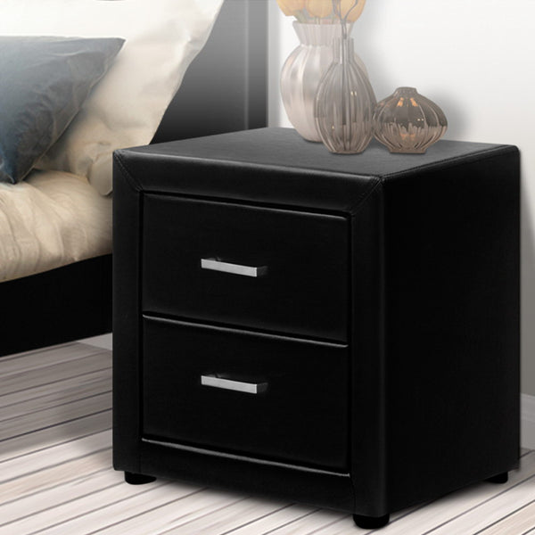 Bedside Table 2 Drawers Side Table Leather - Caden Black