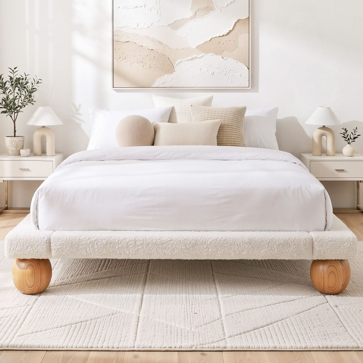 Queen Bed Frame Boucle Upholstery 205x156x29cm
