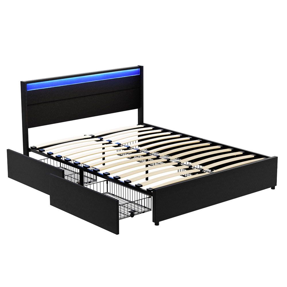 Bed Frame Double/Queen Size Led With 4 Drawers Black Dunn