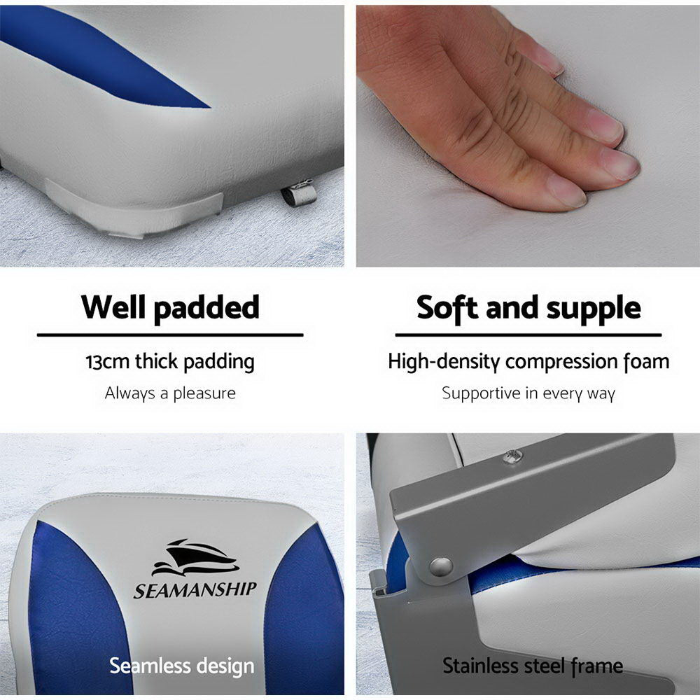 2X Folding Boat Seats Marine Swivel Low Back 13Cm Padding Grey Blue