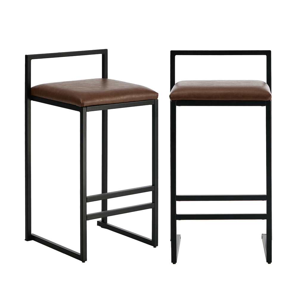 Modern Bar Stools 2-Pack PU Leather Counter Chairs Black Metal Frame 65cm